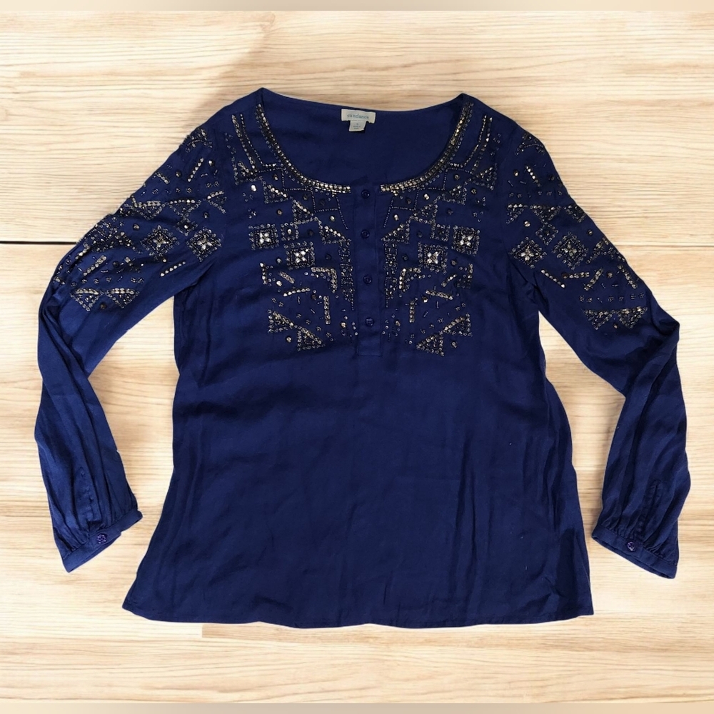 Sundance Navy Beaded Tunic Blouse Top 1/4 Button Women S Long Sleeve Lightweight